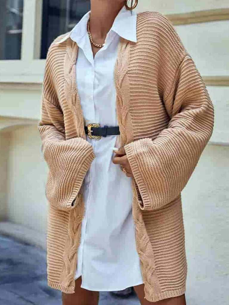 Cable-Knit Horizontal-Ribbing Open Front Cardigan