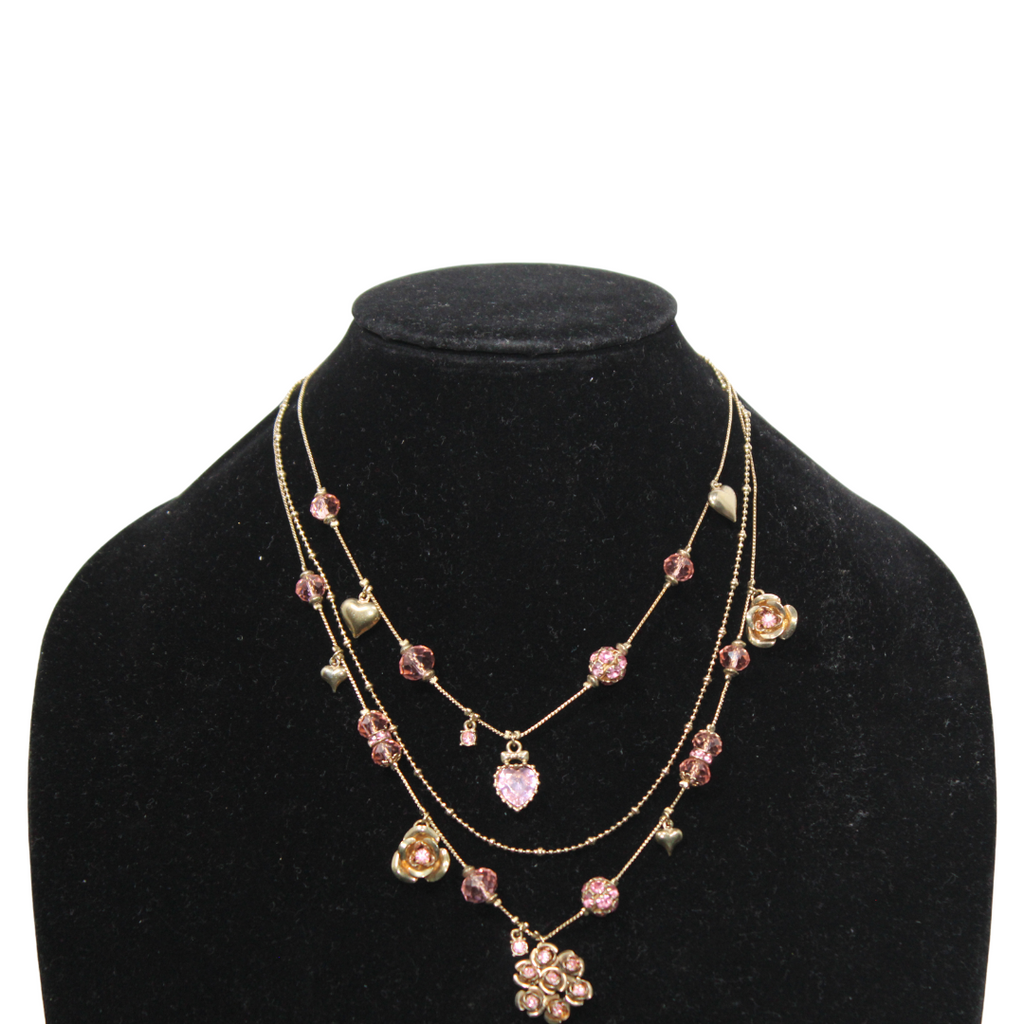 Mixed Multicolored Flower & Heart Triple Strand Necklace