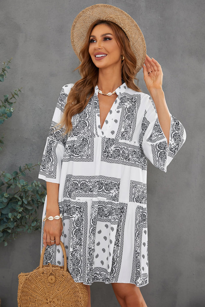 Paisley Three-Quarter Sleeve Mini Dress