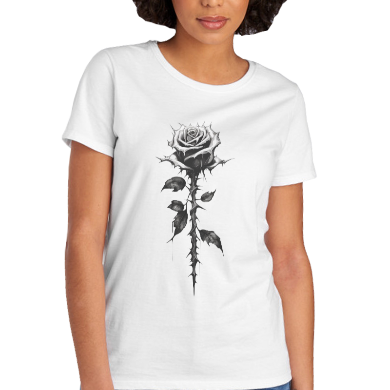 Women's Dramatic Thorn Rose Print Graphic Design Black White Cotton T-Shirt