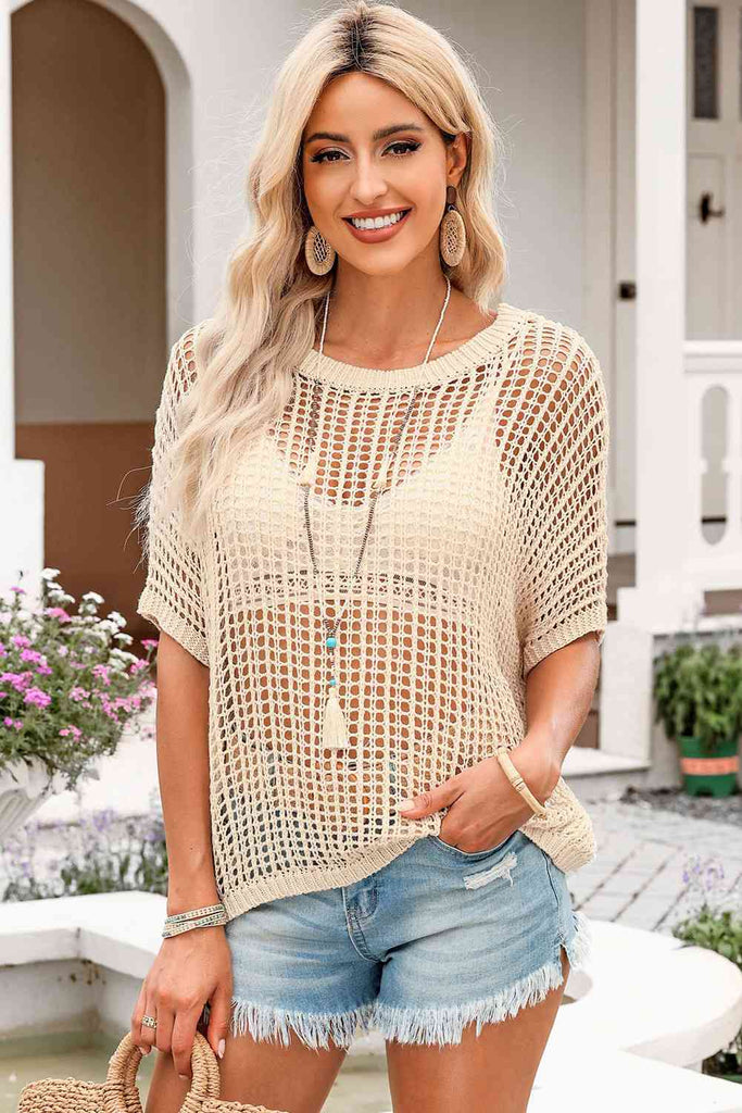 Openwork Round Neck Half Sleeve Knit Top