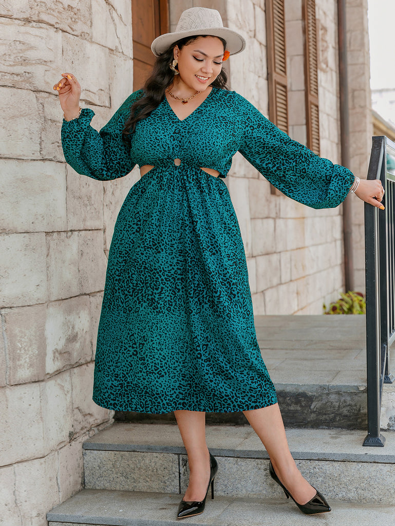 green leopard print dress plus size Leopard Print Deep V Folds Split Plus Size Dresses 5XL Green-XL