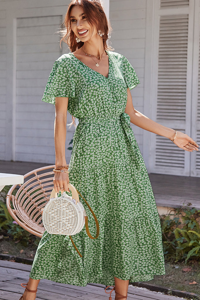 green emerald velvet dress Ditsy Floral Tie-Waist Tiered Midi Dress – La Boutique Dacula