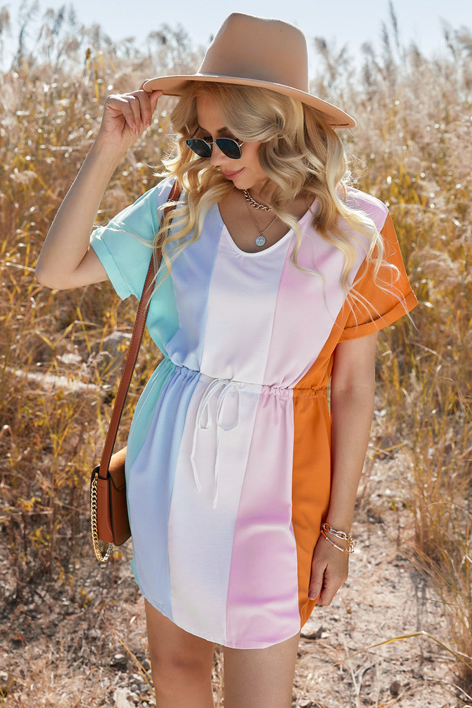 Multicolored Drawstring Waist V-Neck Dress