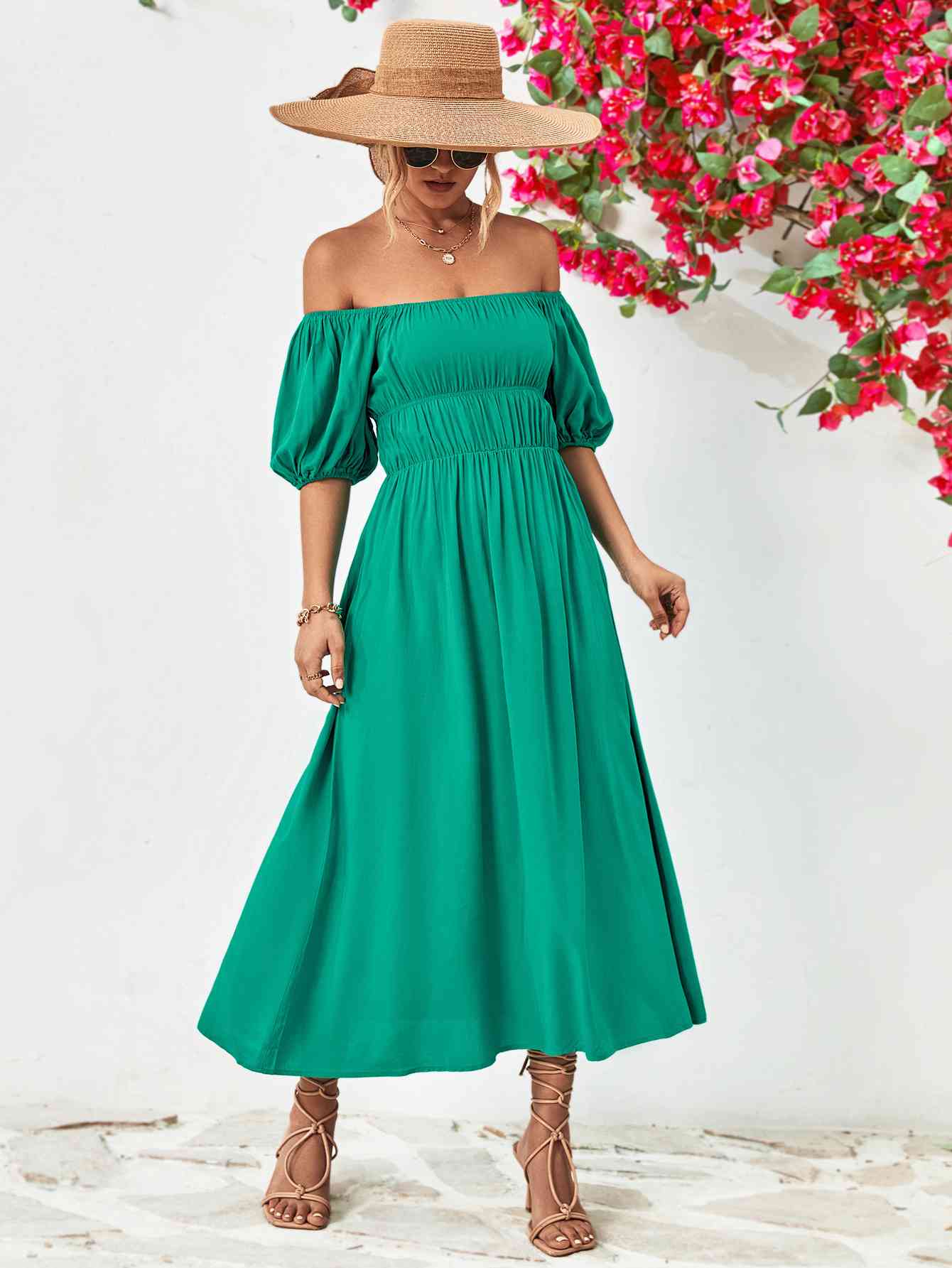 Slit Balloon Sleeve Midi Dress