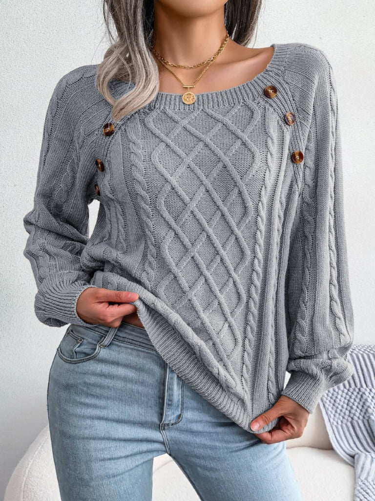 Button Trim Cable-Knit Square Neck Sweater