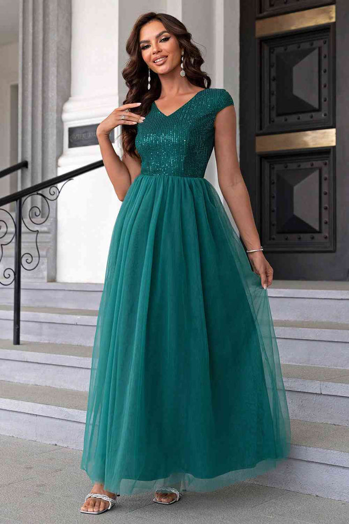 Sequin V-Neck Mesh Maxi Dress  La Boutique Dacula
