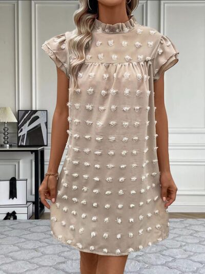 Swiss Dot Mock Neck Cap Sleeve Mini Dress