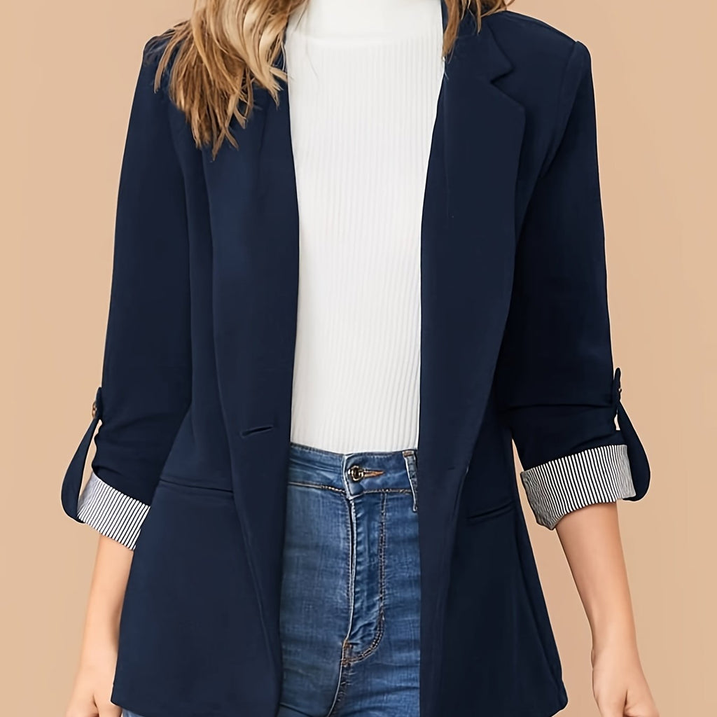 V-neck Pocket Basic Blazer Coat, Casual Long Sleeve Fashion Loose Blazer Outerwear, Women's Clothing