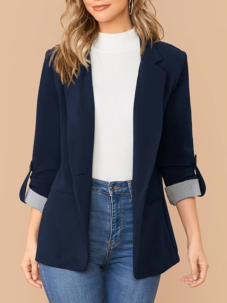 V-neck Pocket Basic Blazer Coat, Casual Long Sleeve Fashion Loose Blazer Outerwear, Women's Clothing