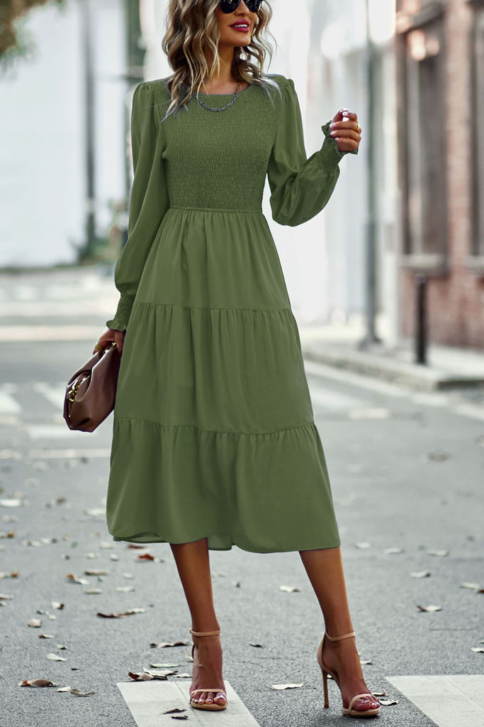 Smocked Long Puff Sleeve Tiered Midi Dress La Boutique Dacula