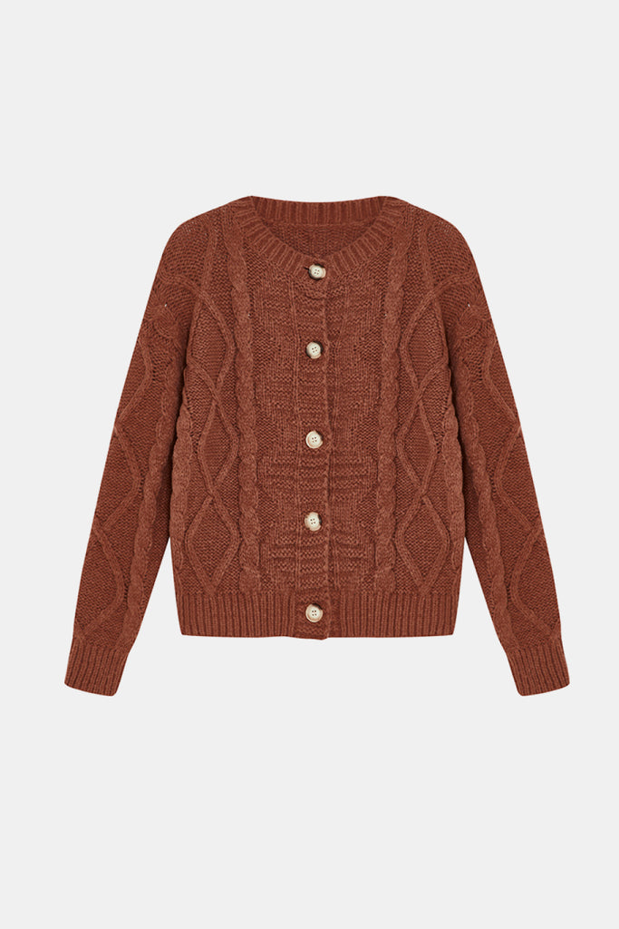 Cable-Knit Button Front Round Neck Cardigan