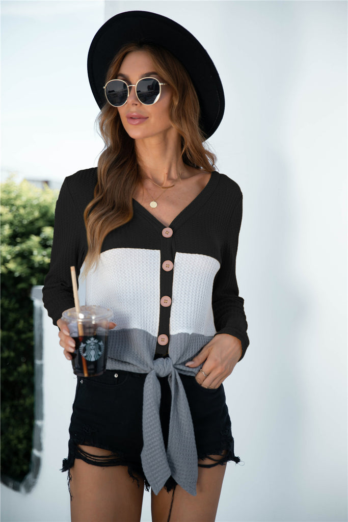Colorblock Knot Hem Button Up Cardigan
