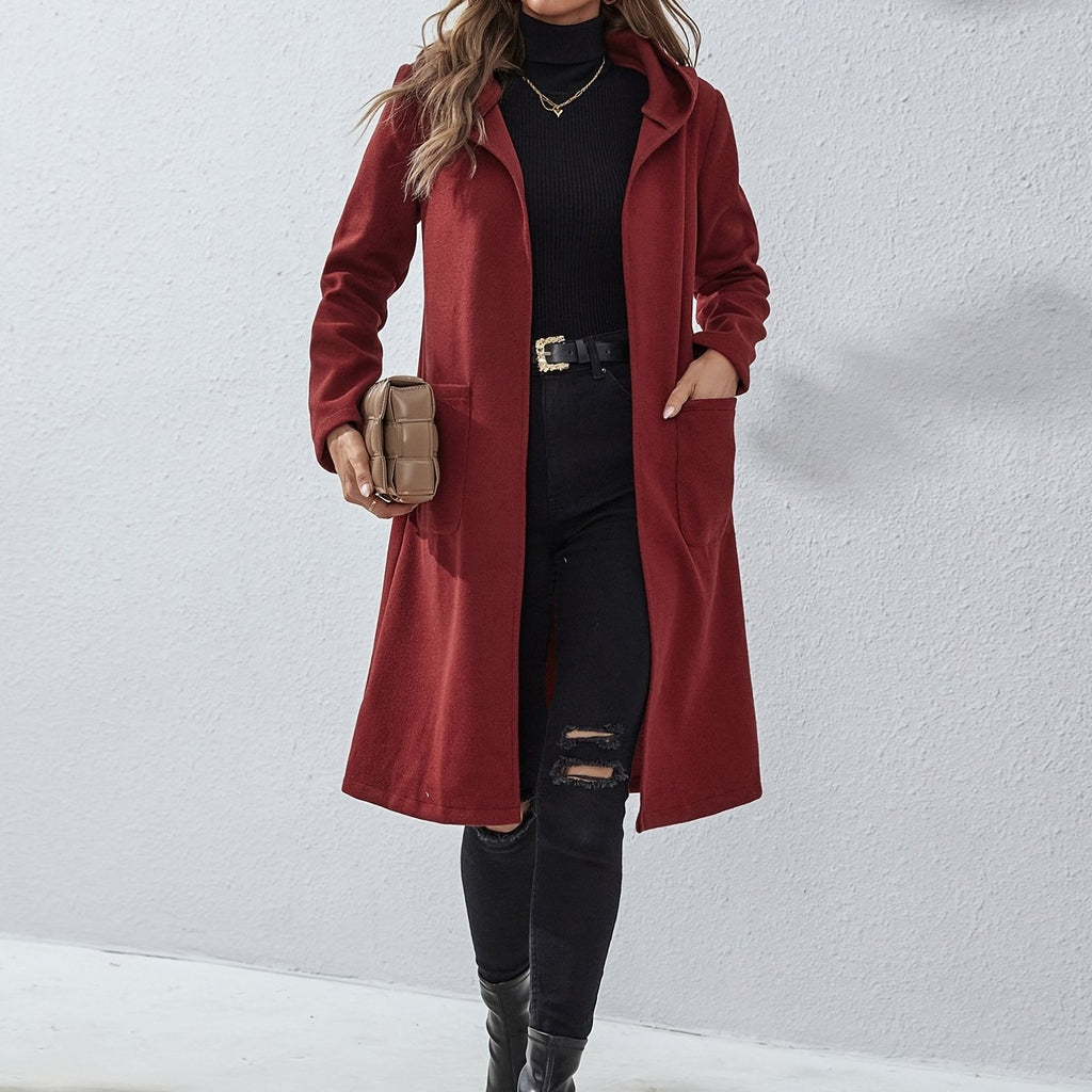 Solid Color Pockets Open Front Hooded Overcoat, Elegant Long Sleeve Jacket, Women's Clothing