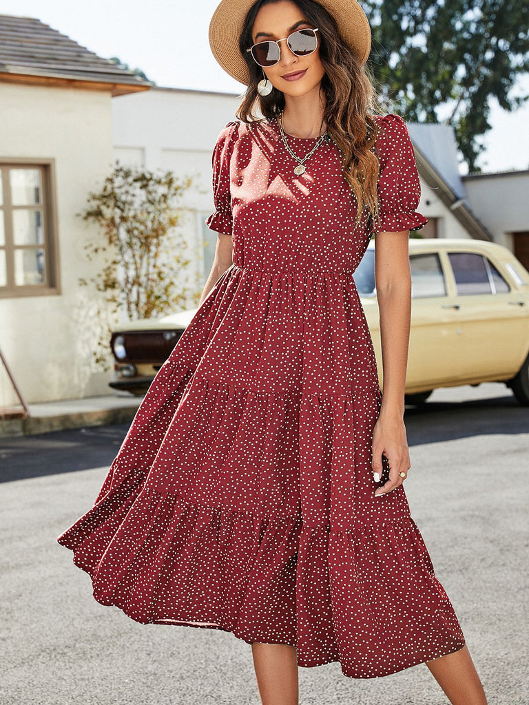 Polka Dot Short Flounce Sleeve Tiered Midi Dress La Boutique Dacula Polka Dot Short Flounce Sleeve Tiered Midi Dress La Boutique Dacula