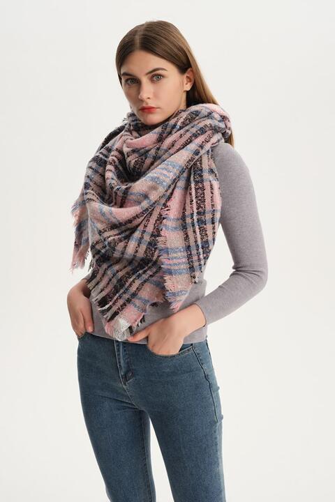 Plaid Raw Hem Polyester Scarf