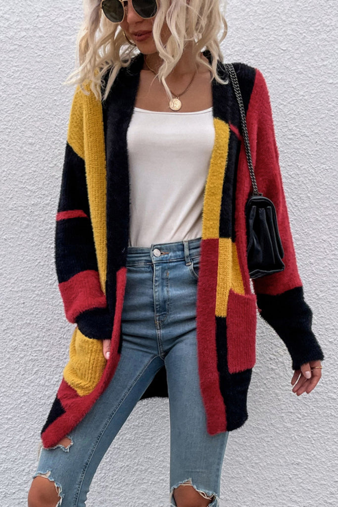 Color Block Open Front Fuzzy Cardigan