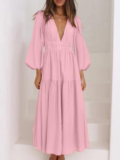 Deep V-Neck Balloon Sleeve Plain Maxi Dress – La Boutique Dacula