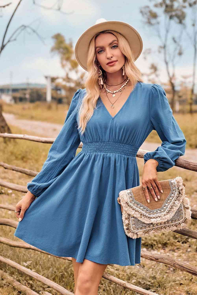 long-sleeve smocked waist mini dress V-Neck Long Sleeve Smocked Waist Mini Dress – La Boutique Dacula