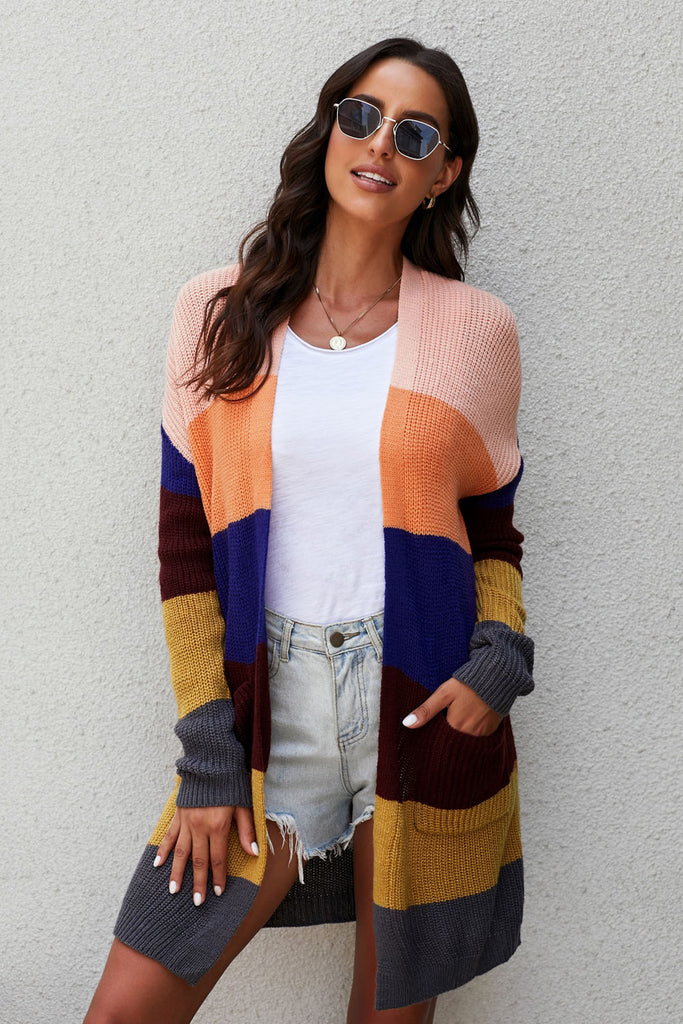 Color Block Open Front Knit Cardigan