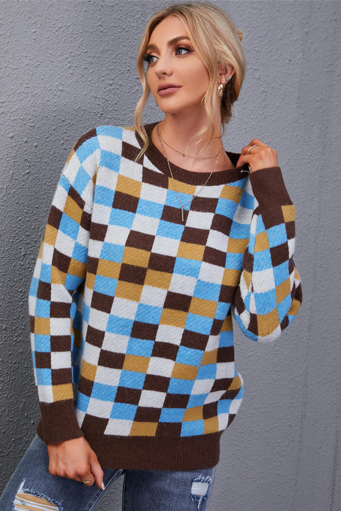 Checkered Round Neck Knit Pullover