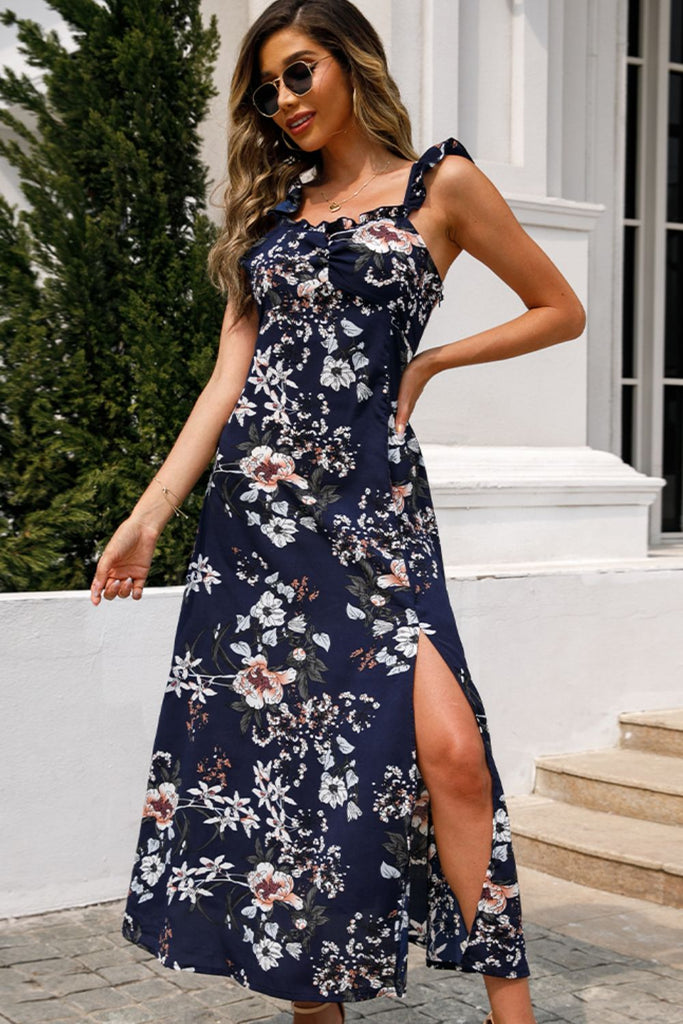 Floral Print Sleeveless Square Neck Slit Midi Dress – La Boutique Dacula