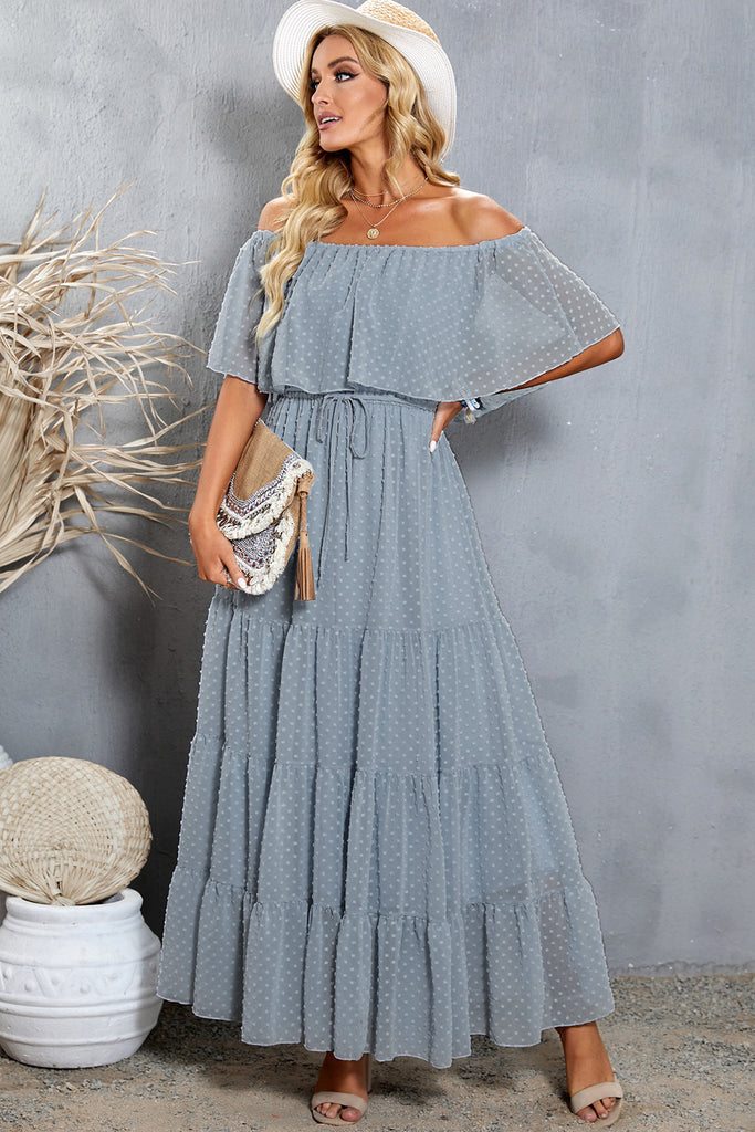 fitted lace wedding dress Berylove Women Wedding Guest Dress White Blue Floral Off The Shoulder Tiered Maxi Dress, White Blue Flower / Custom main image 1