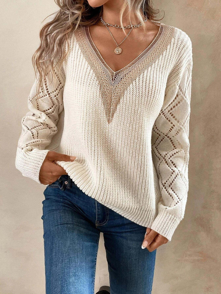 Lace V-neck Loose Knit Sweater, Casual Cutout Long Sleeve Fall Winter Knit Sweater, Women's Clothing