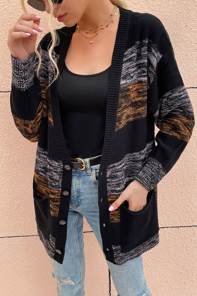 Striped Button Up Cardigan Sweater with Pockets