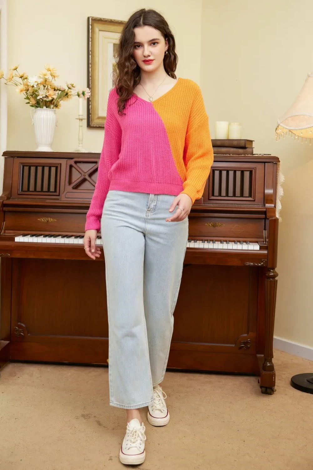 Double Take Two-Tone Openwork Rib-Knit Sweater