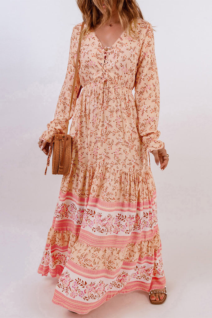 Bohemian Lace-Up Long Sleeve Maxi Dress – La Boutique Dacula