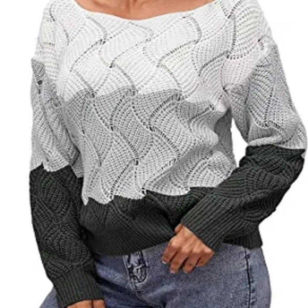 Woman's Sweater Stripe Color Block Long Sleeve Crewneck Loose Knitted Sweater
