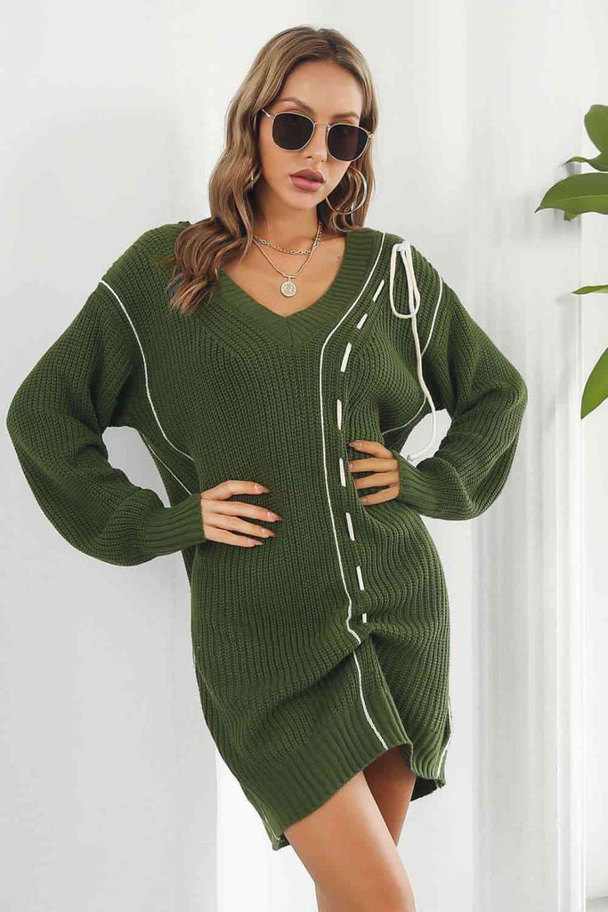 Contrast V-Neck Sweater Dress