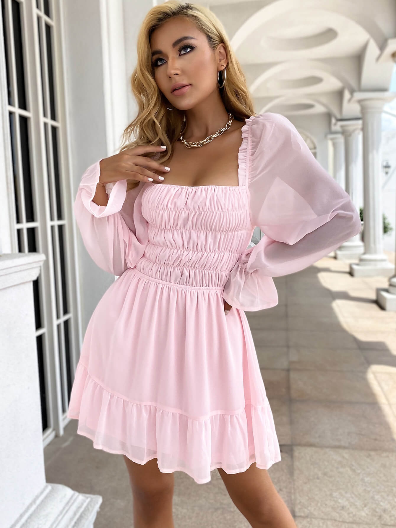 fitted lace wedding dress MakeMeChic Women's Long Sleeve Mock Neck Shirred Frill Trim Ruffle Casual  Short Smock Dress Black A X-Small at Amazon Women's Clothing store
