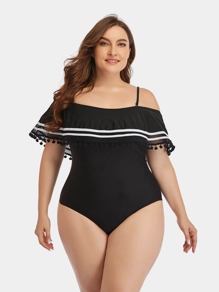Plus Size Striped Cold Shoulder One Piece Swimsuit La Boutique