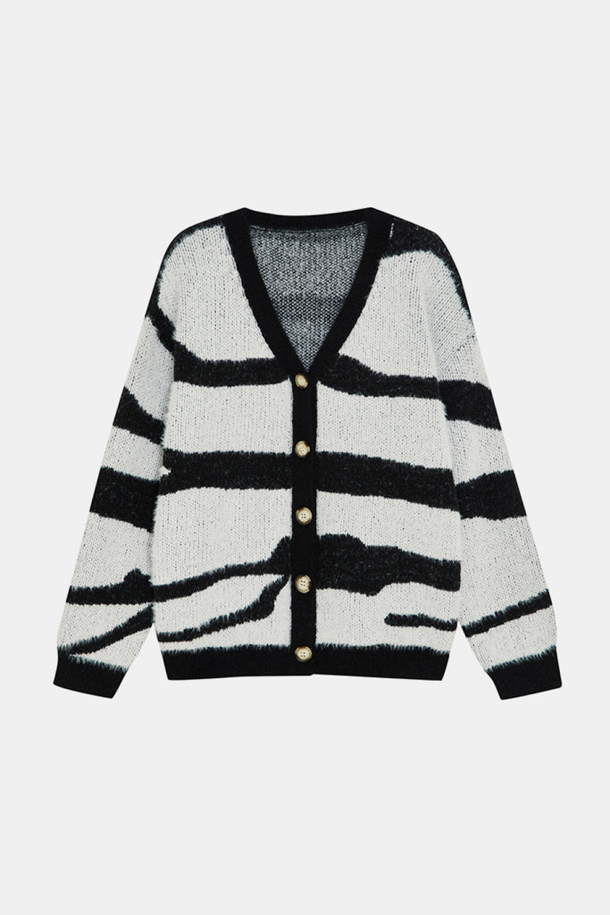 Striped Button Front V-Neck Cardigan