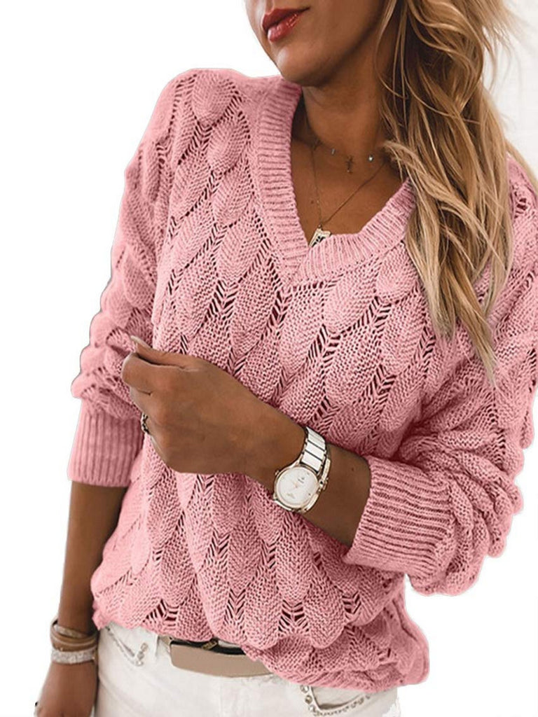 V-Neck Loose Knit Sweater, Casual Long Sleeve Fashion Fall Winter Knit Sweater, Women's Clothing
