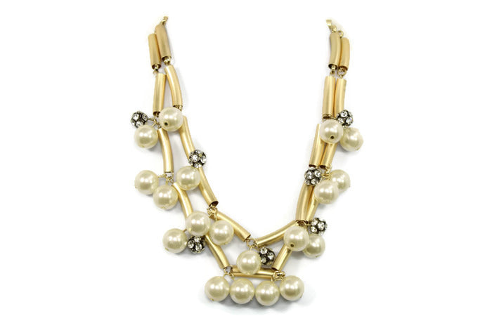 Double Layered Rhinestone Faux Pearl Gold Collar Necklace