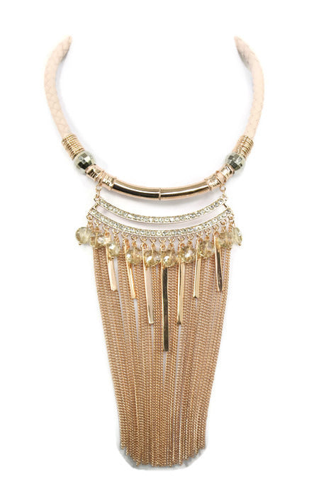 Fringe Crystal Bead Rose Gold Chain Braid Choker Necklace