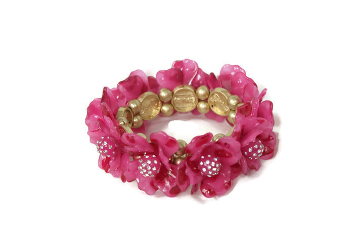 Pink Gold Floral Pretty Rose Rhinestone Elastic Stretch Bracelet