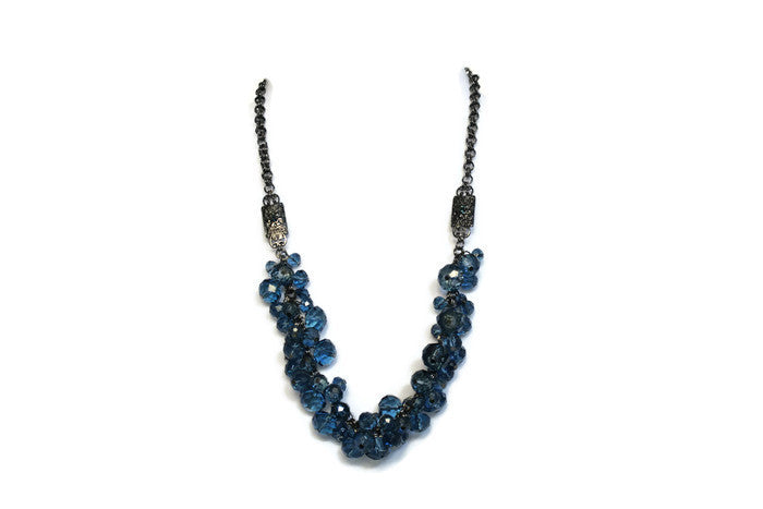 Dark Blue Cluster Bead Gray Chain Necklace