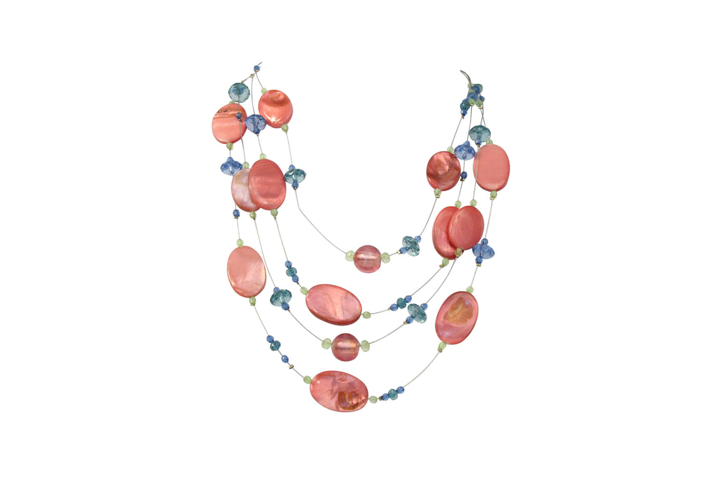 Pink Coral Stone Blue Beaded Multi Strand Bib Necklace