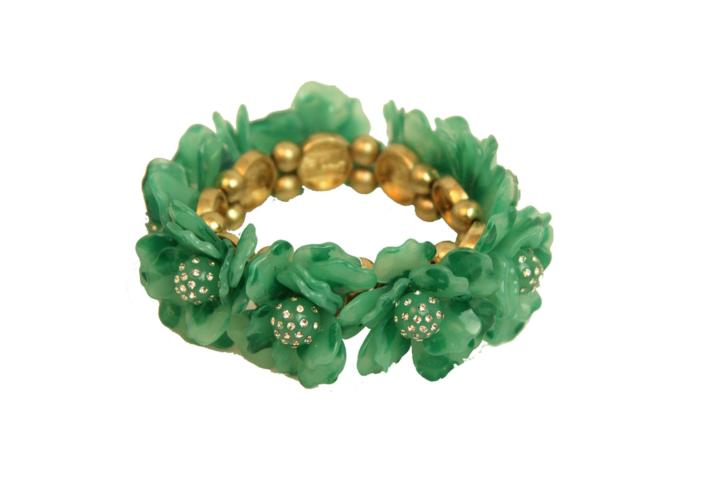 Green Gold Floral Pretty Rose Rhinestone Elastic Stretch Bracelet