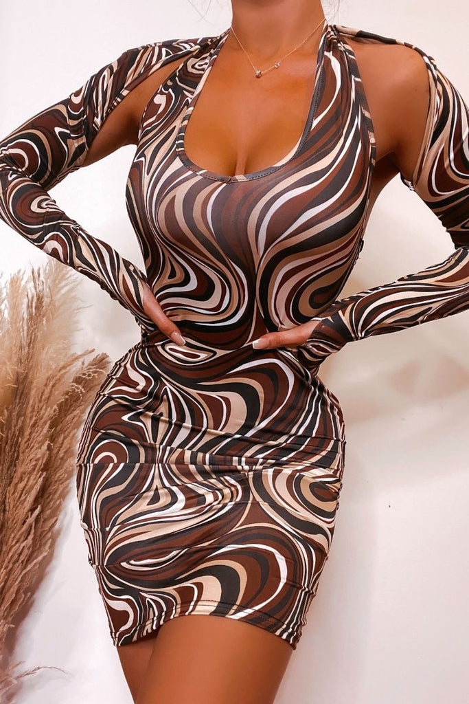 Beige Brown Marble Long Sleeve Cut Out Detail Bodycon Dress – La Boutique  Dacula