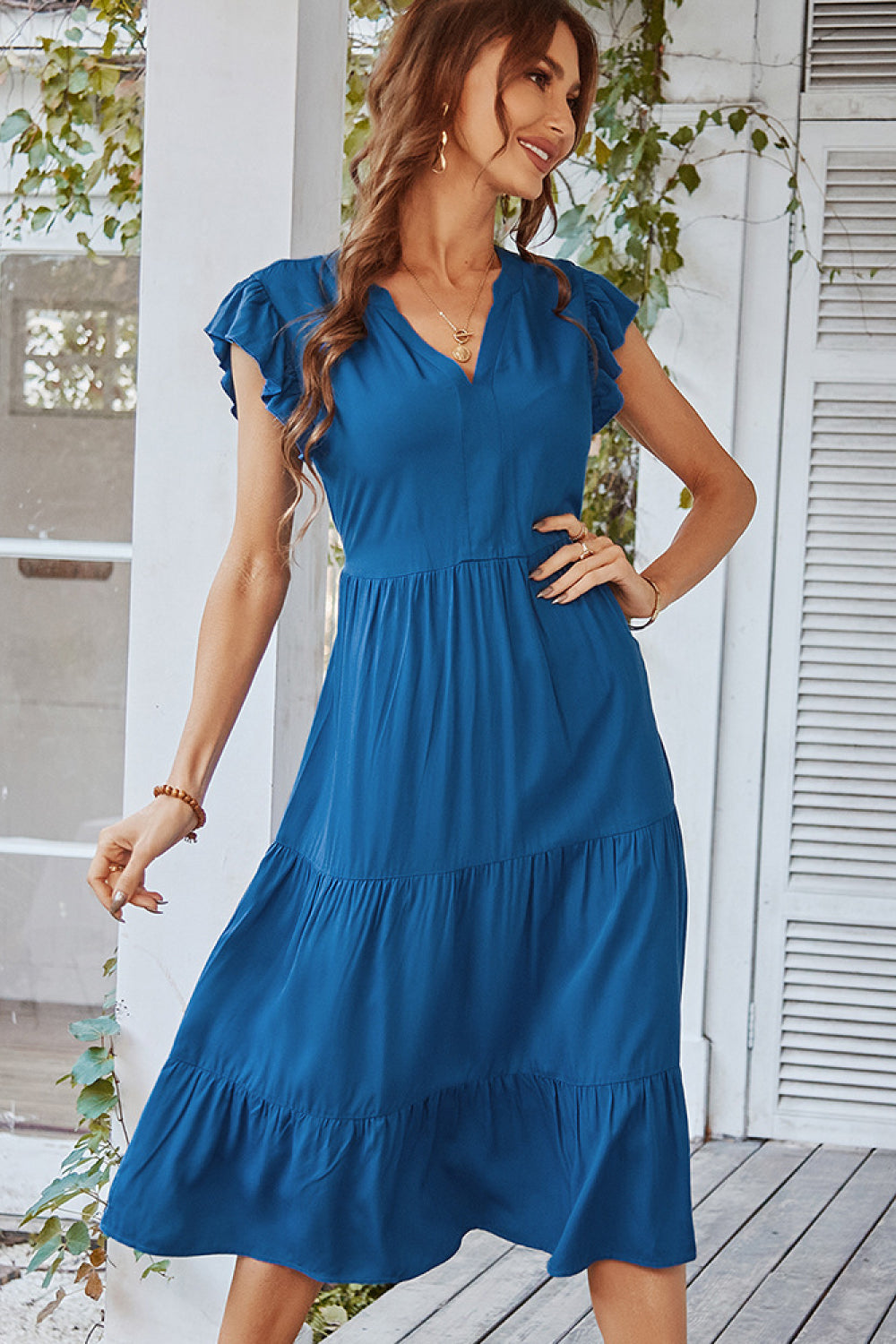 flutter sleeve ruched corset detail tiered midi dress Flutter Sleeve Ruched Corset Detail Tiered Midi Dress In Berry