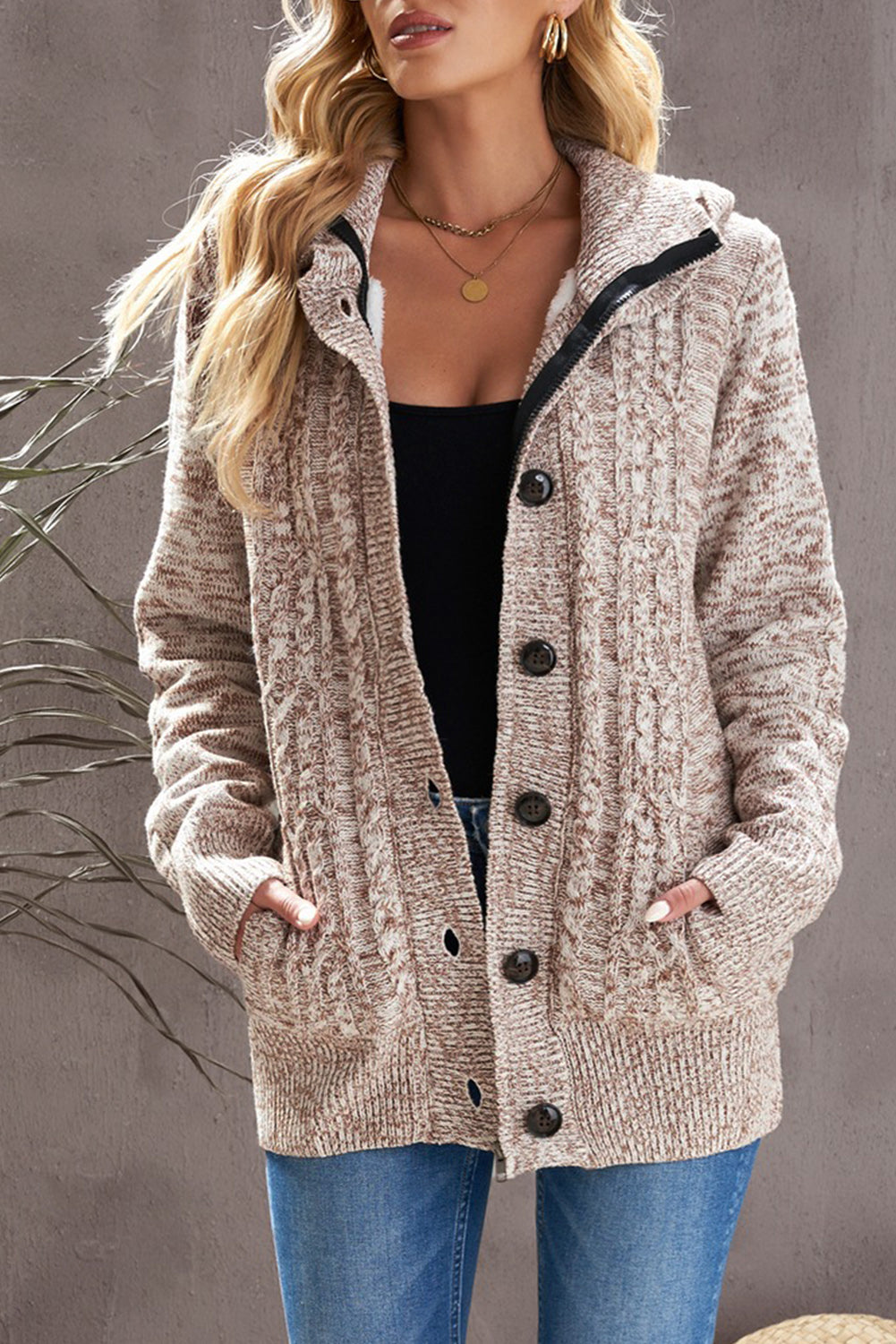 Women's cable knit hooded cardigan 2025