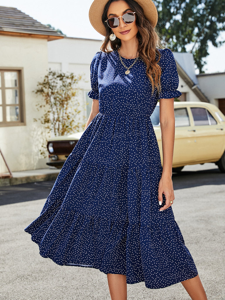Polka Dot Short Flounce Sleeve Tiered Midi Dress La Boutique Dacula