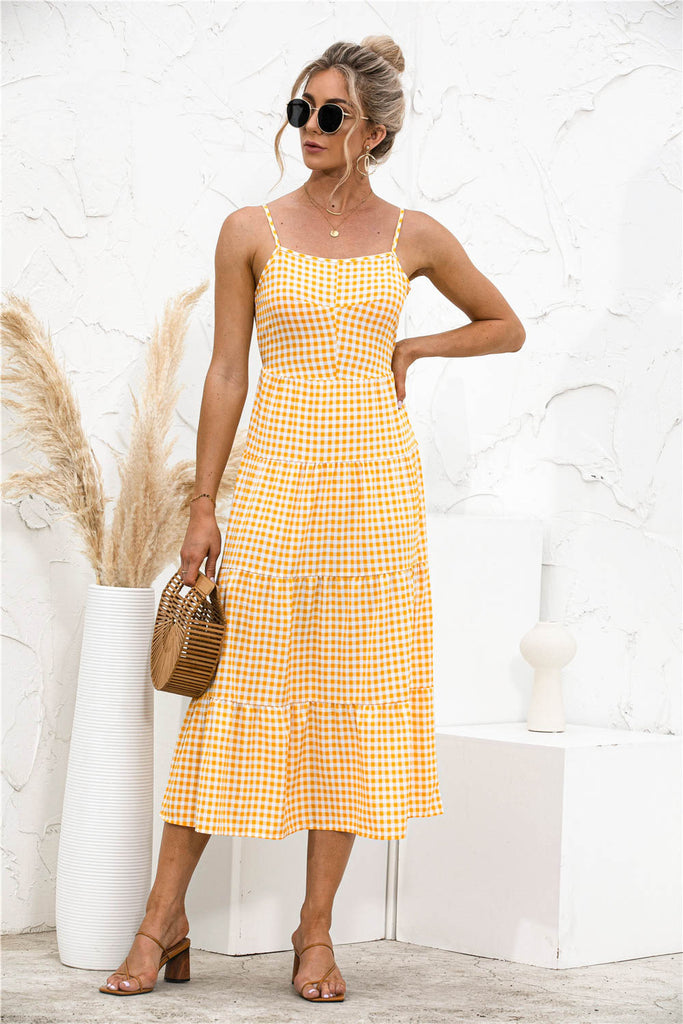Gingham Backless Tiered Dress