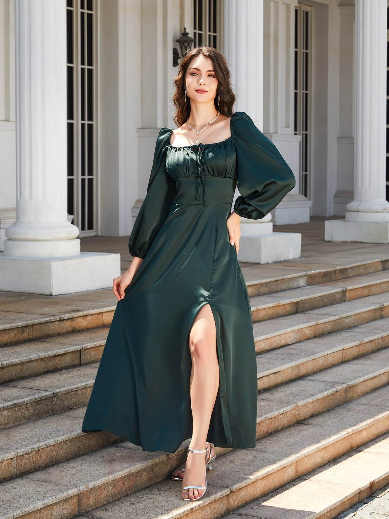 knee length dresses for ladies Square Neck Puff Sleeve Ruffle Trim Maxi Dress Blue / XL main image 1
