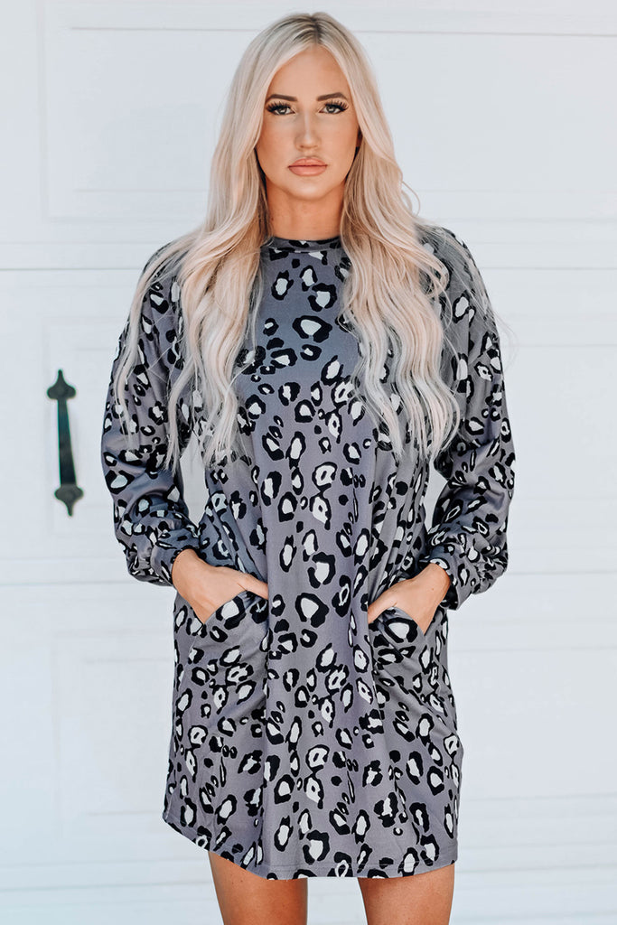 Leopard Print Crewneck Mini Dress with Pockets